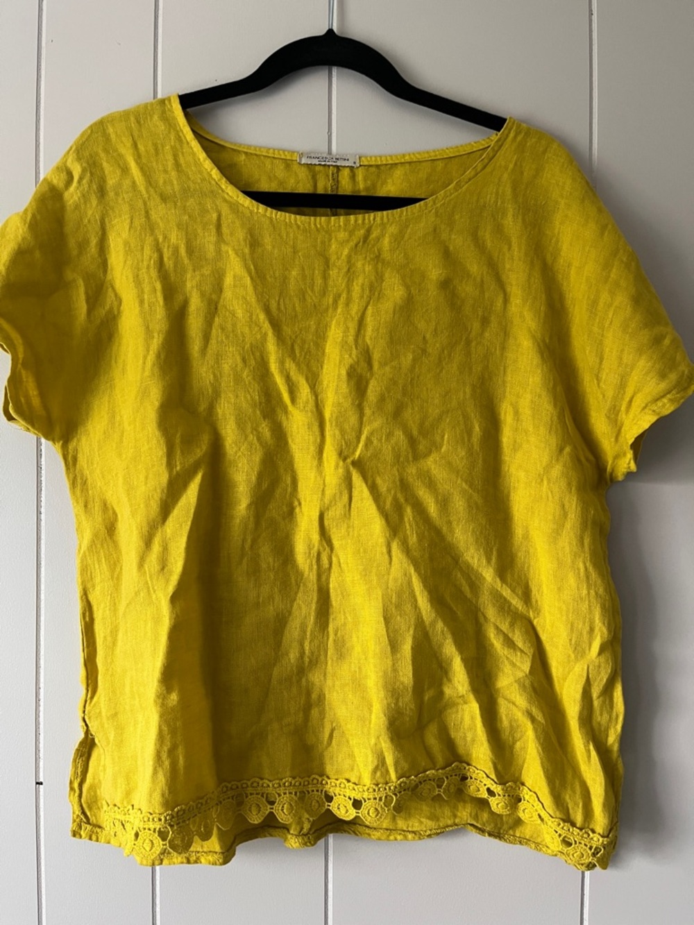 Yellow Linen Crochet-Hem Short Sleeve Top